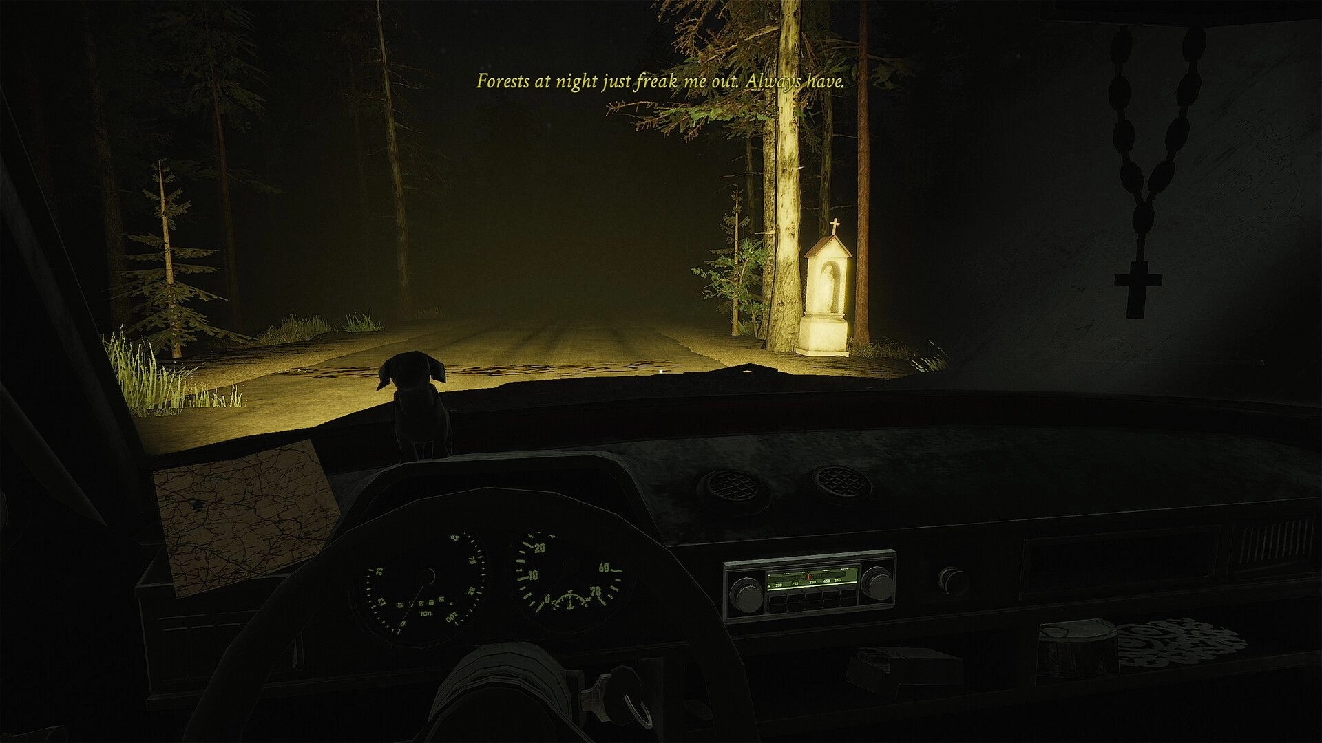 CH13: Driving at night from car cockpit with dog on dash, forest road and roadside shrine ahead.