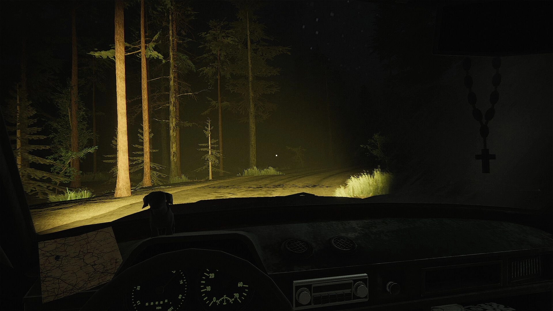 CH13: Driving view from car dashboard with rosary and map, headlights lighting a forest road at night.