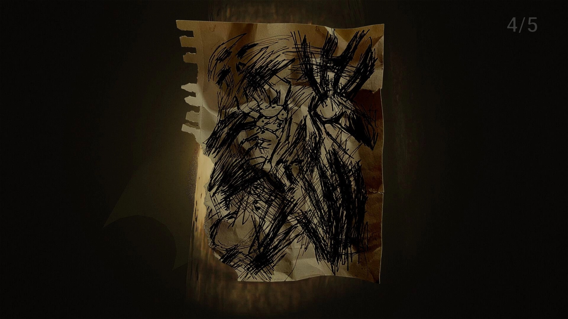 CH13: Close-up of a crumpled paper with frantic black scribbles pinned to a dark wall, 4/5 UI.