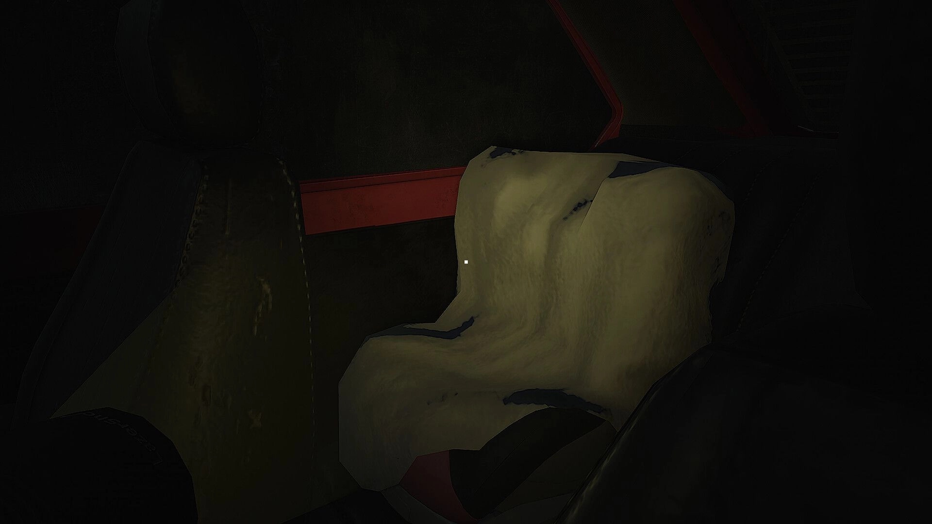 CH13: First-person view of torn, stained car seat upholstery in a dim interior with crosshair dot.