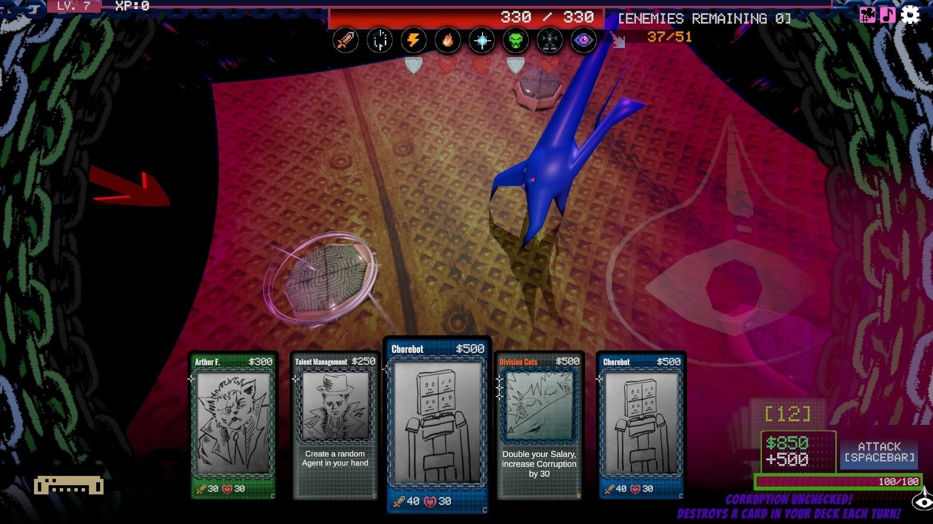 Chain Corp: Combat with a blue creature, card deck visible at bottom in industrial-themed arena