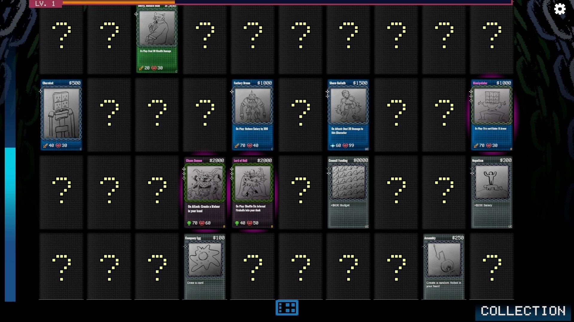 Chain Corp: Card collection interface with various cards displayed and many slots showing question marks