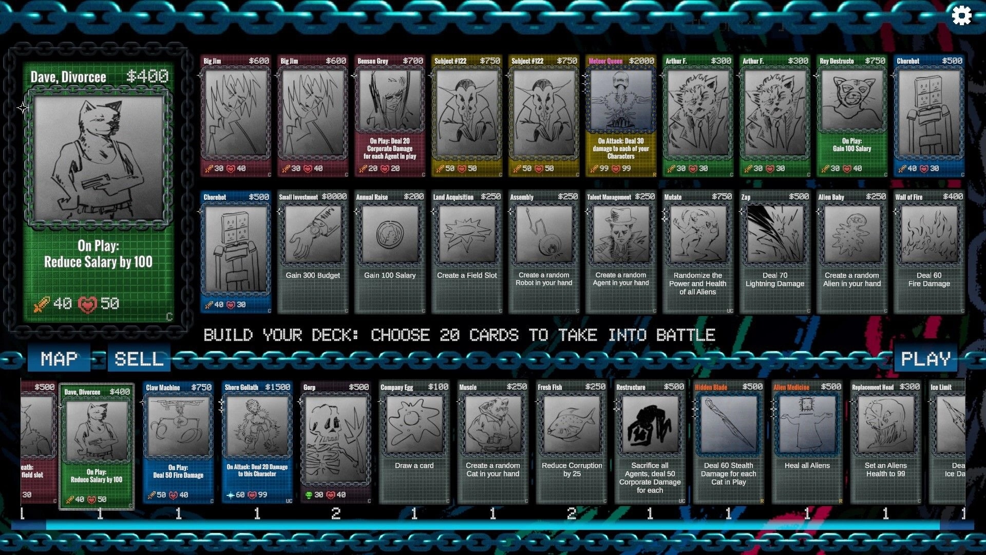 Chain Corp: Deckbuilding screen with various character cards and actions displayed for selection