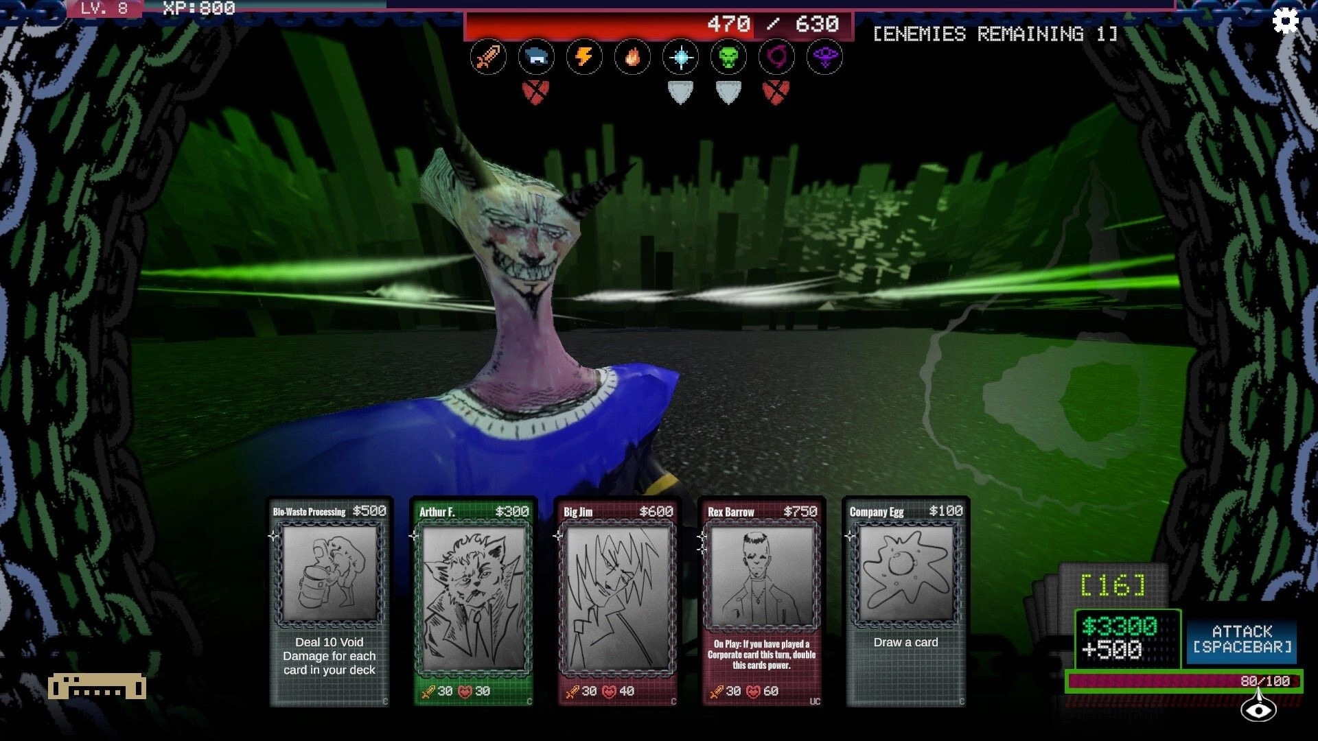 Chain Corp: Demon character in battle setting with card deck and health bar in alien city environment