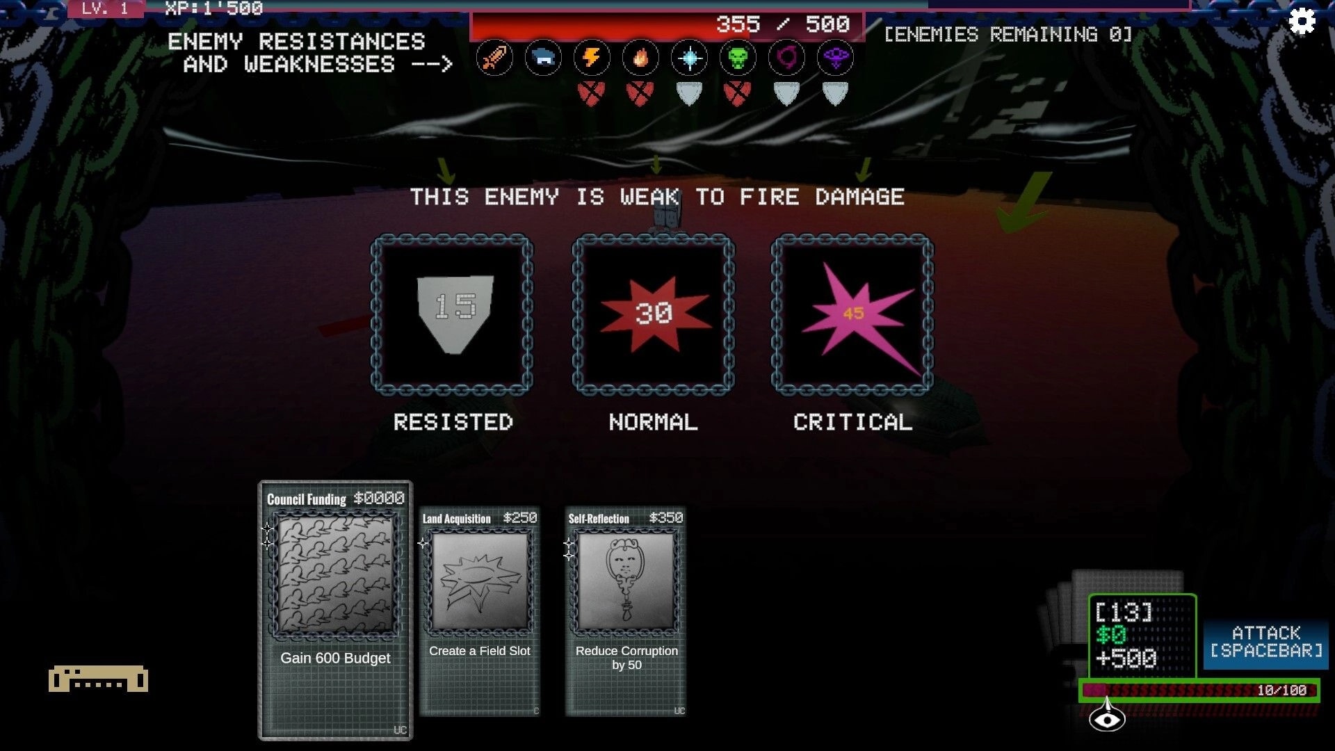 Chain Corp: Enemy resistance screen showing fire damage vulnerability and card options below