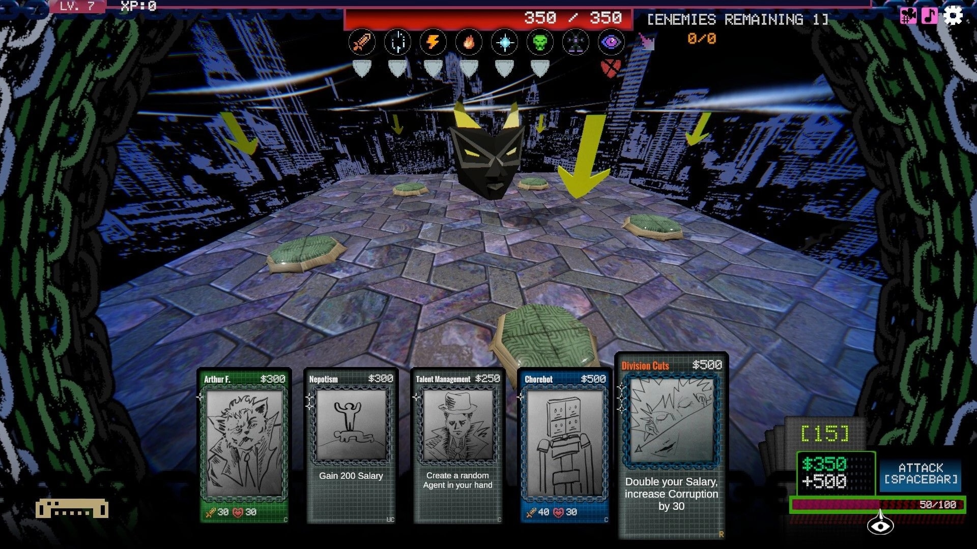 Chain Corp: Combat phase with enemy face and deck cards visible in a futuristic cityscape environment