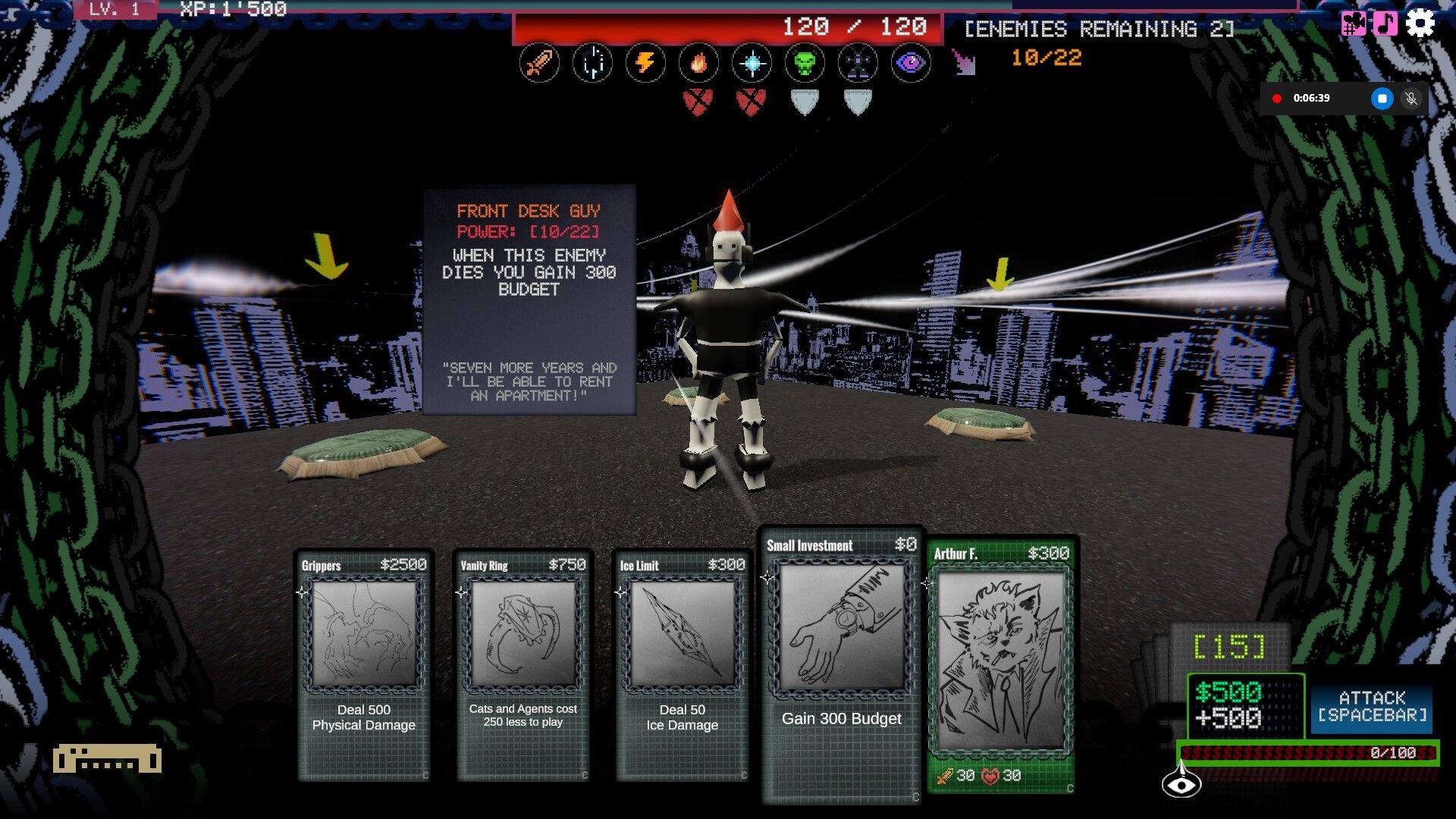 Chain Corp: Robot enemy with red mohawk in cityscape, player's card deck and health bar below