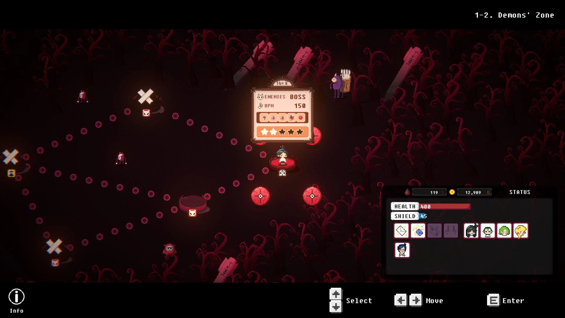 Chain Letter: Character navigates Demons' Zone with health stats, facing a boss encounter rating screen.