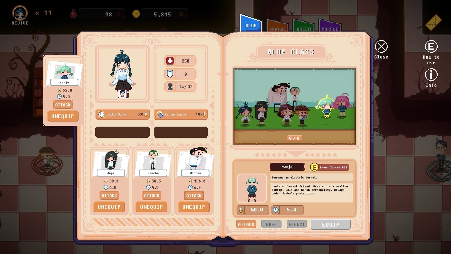 Chain Letter: Character selection screen with Vanjo, Jupi, Sancho, and Monoon in Blue Class setup.