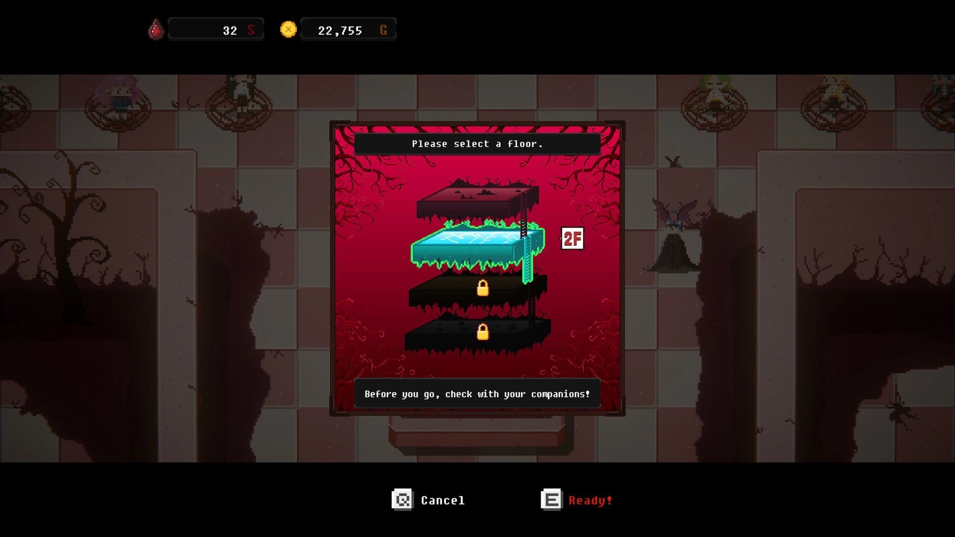 Chain Letter: Floor selection menu with three floors, two locked, in a dark room with eerie shadows.