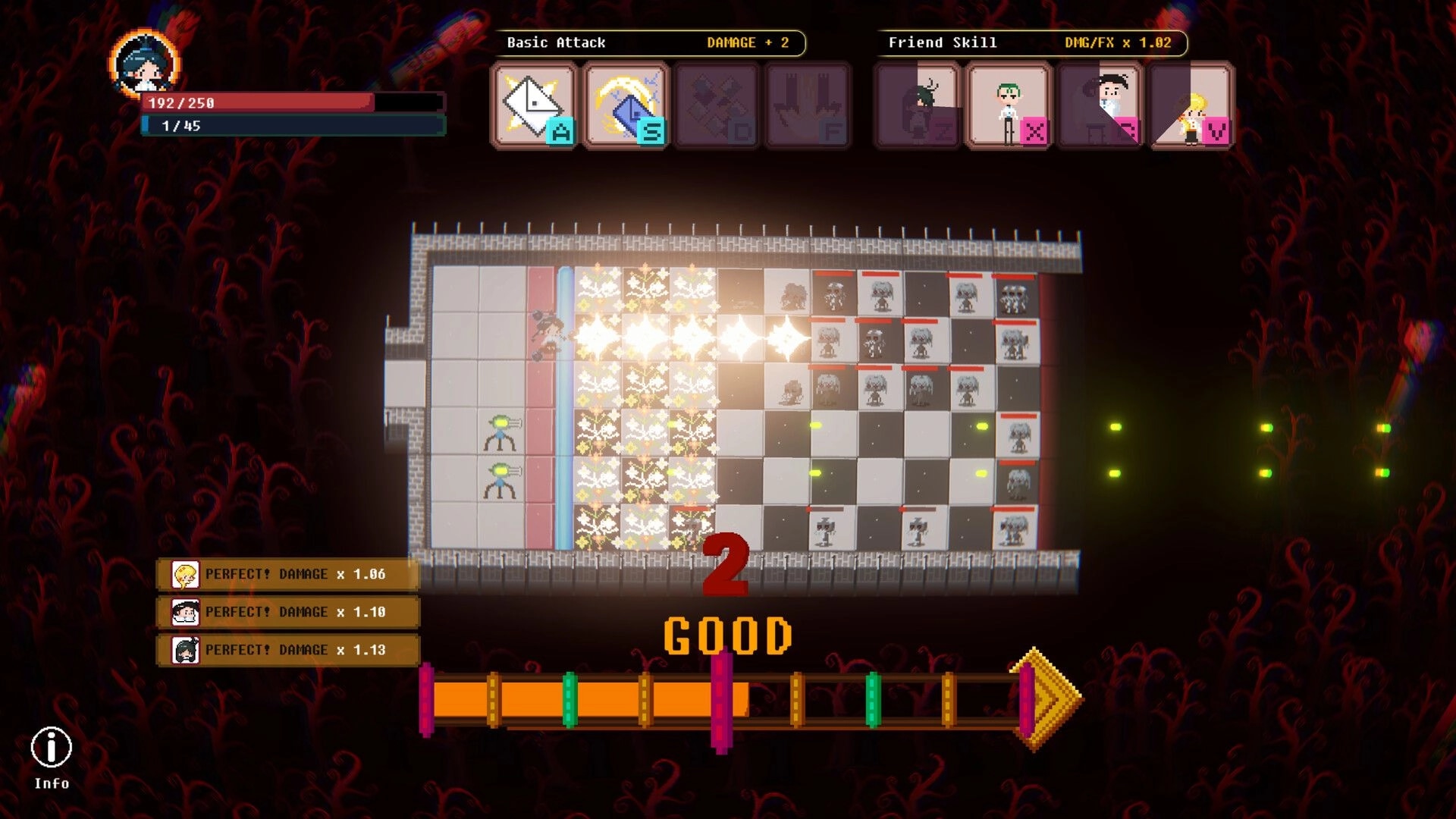 Chain Letter: Rhythm battle grid with enemy positions and combo meter, surrounded by dark twisted trees.