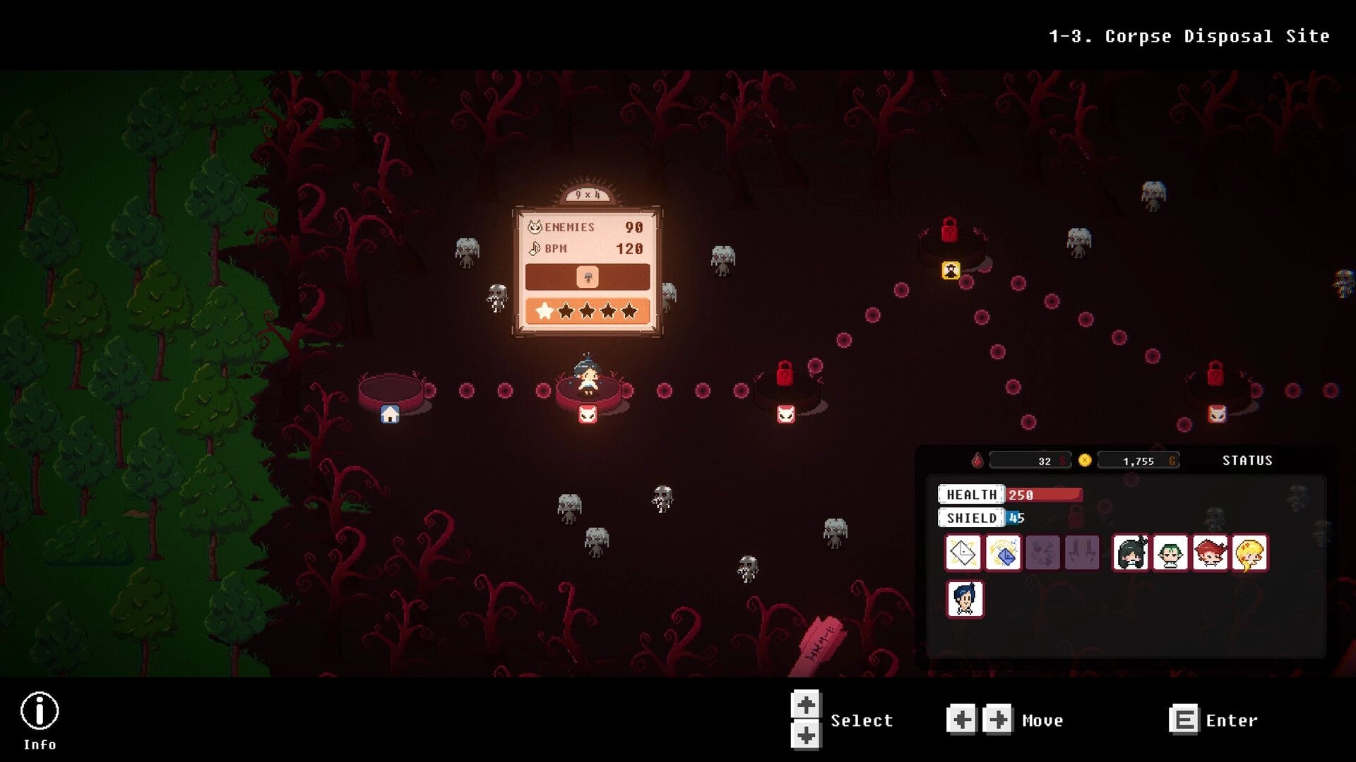 Chain Letter: Map screen with character path, enemy icons, and health status at Corpse Disposal Site