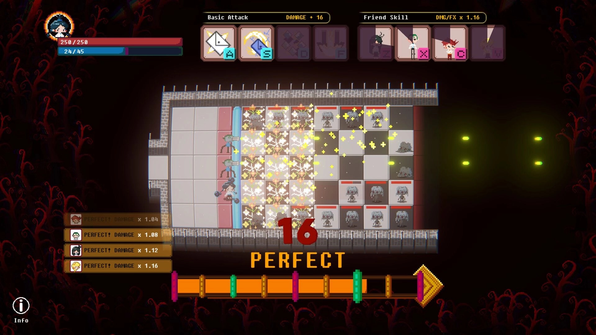 Chain Letter: Rhythm battle with combo meter, grid showing enemies, and player's health bar in dungeon.