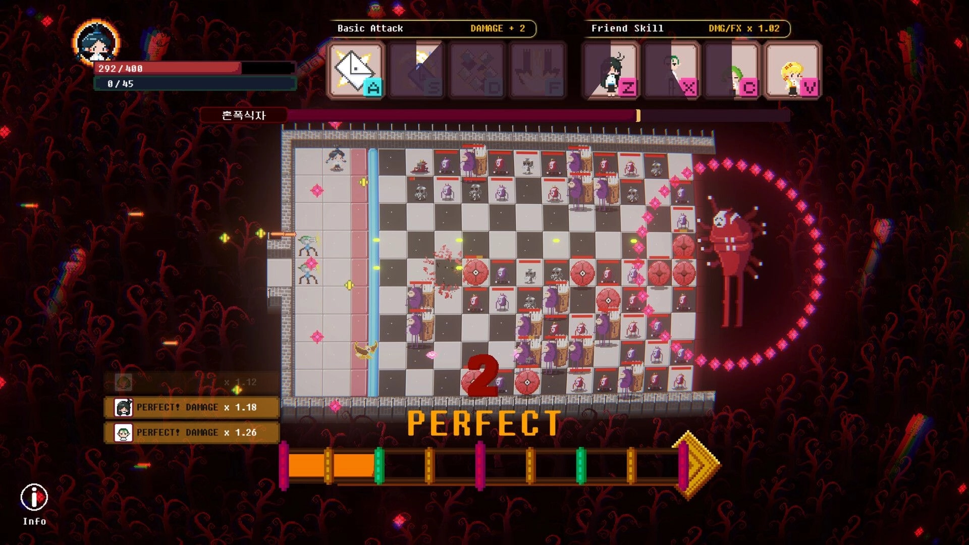 Chain Letter: Rhythm-based combat on a grid with character skills and enemy waves in dark environment