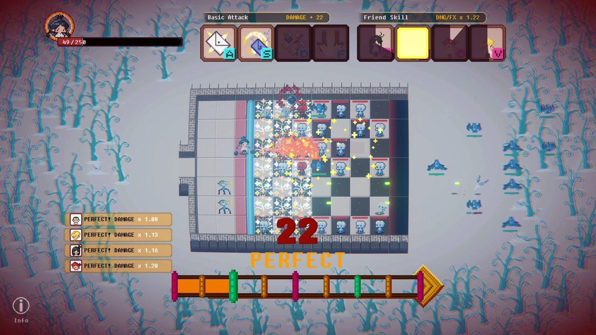 Chain Letter: Player battles on a grid against enemies, achieving perfect scores in a forest environment.