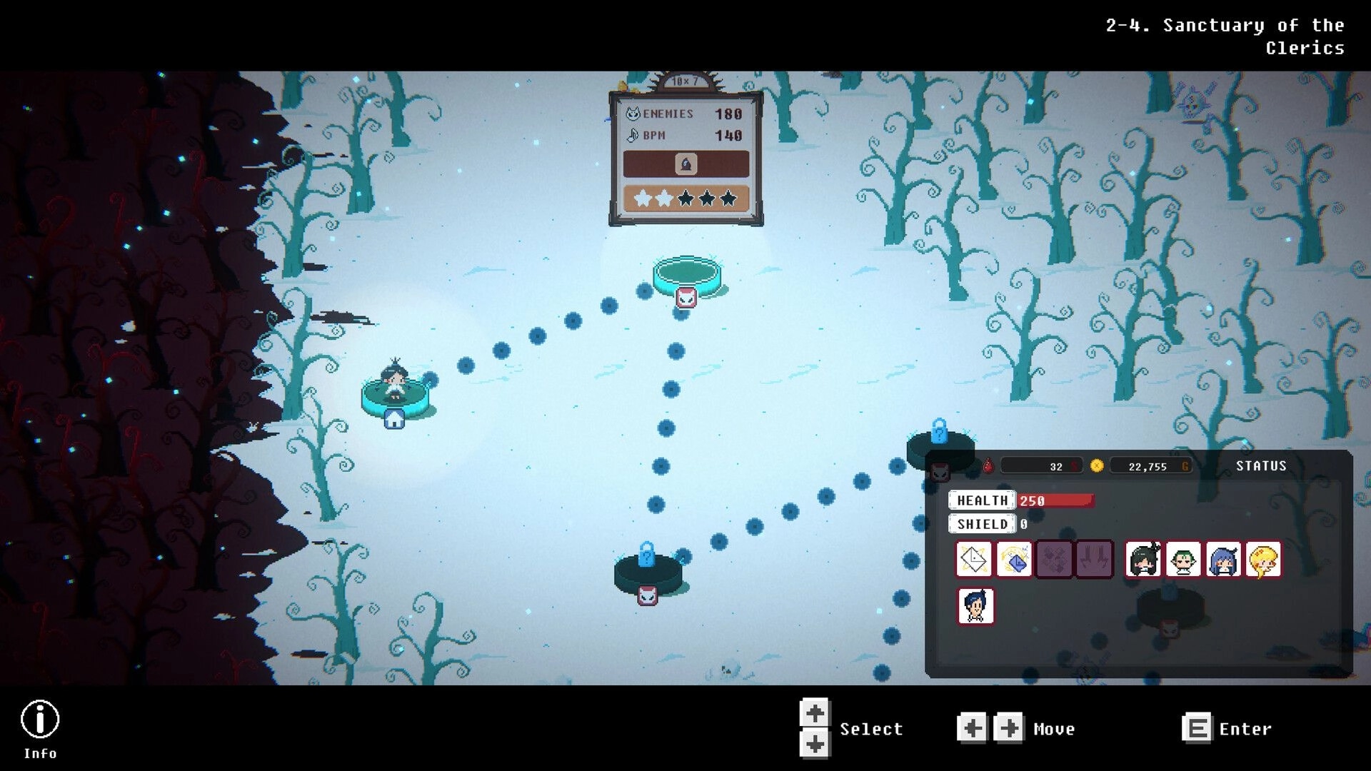 Chain Letter: Map screen with paths, enemies, and health status in Sanctuary of the Clerics.