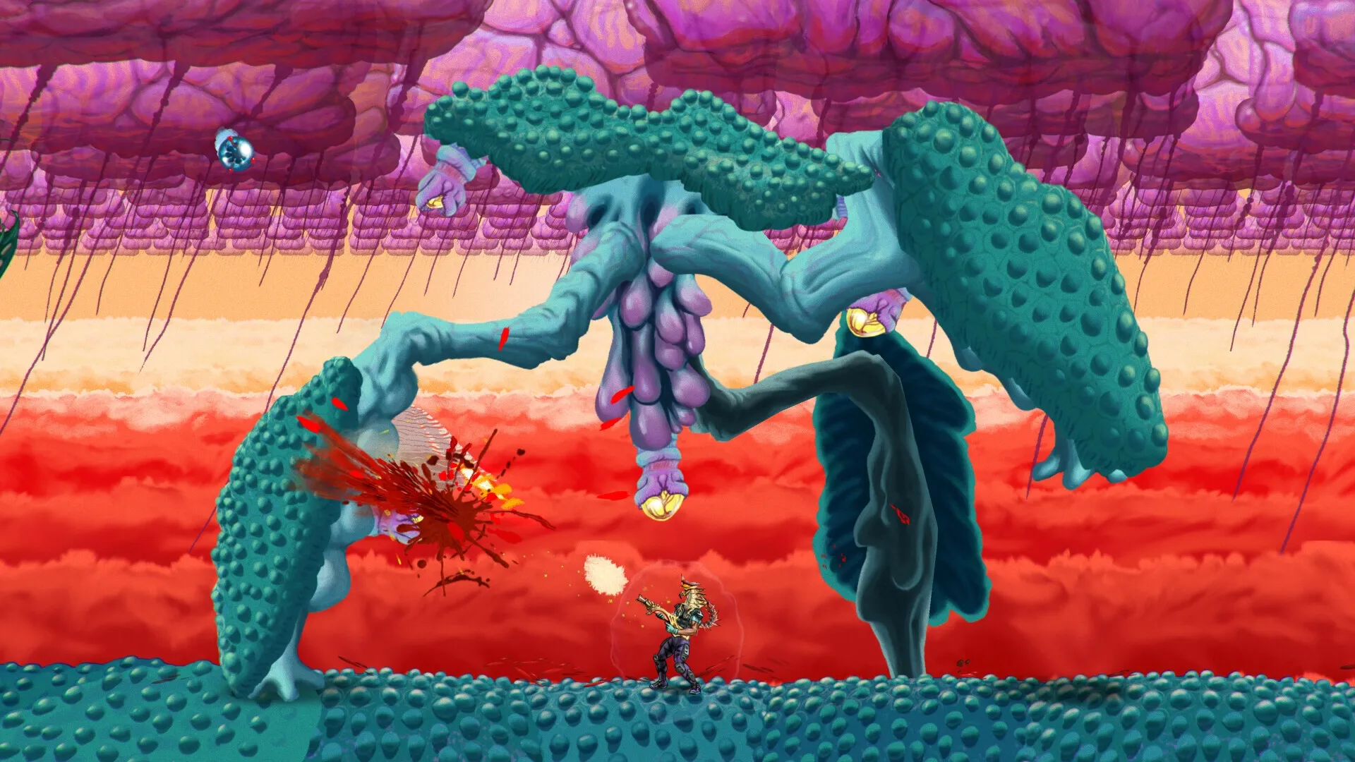 ChainStaff: Player battles alien creatures amidst vibrant, twisted flora in a surreal, otherworldly landscape