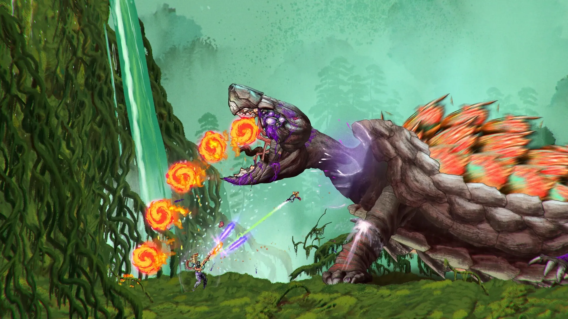 ChainStaff: Player battles giant lizard with a spear and energy blasts in a lush jungle setting