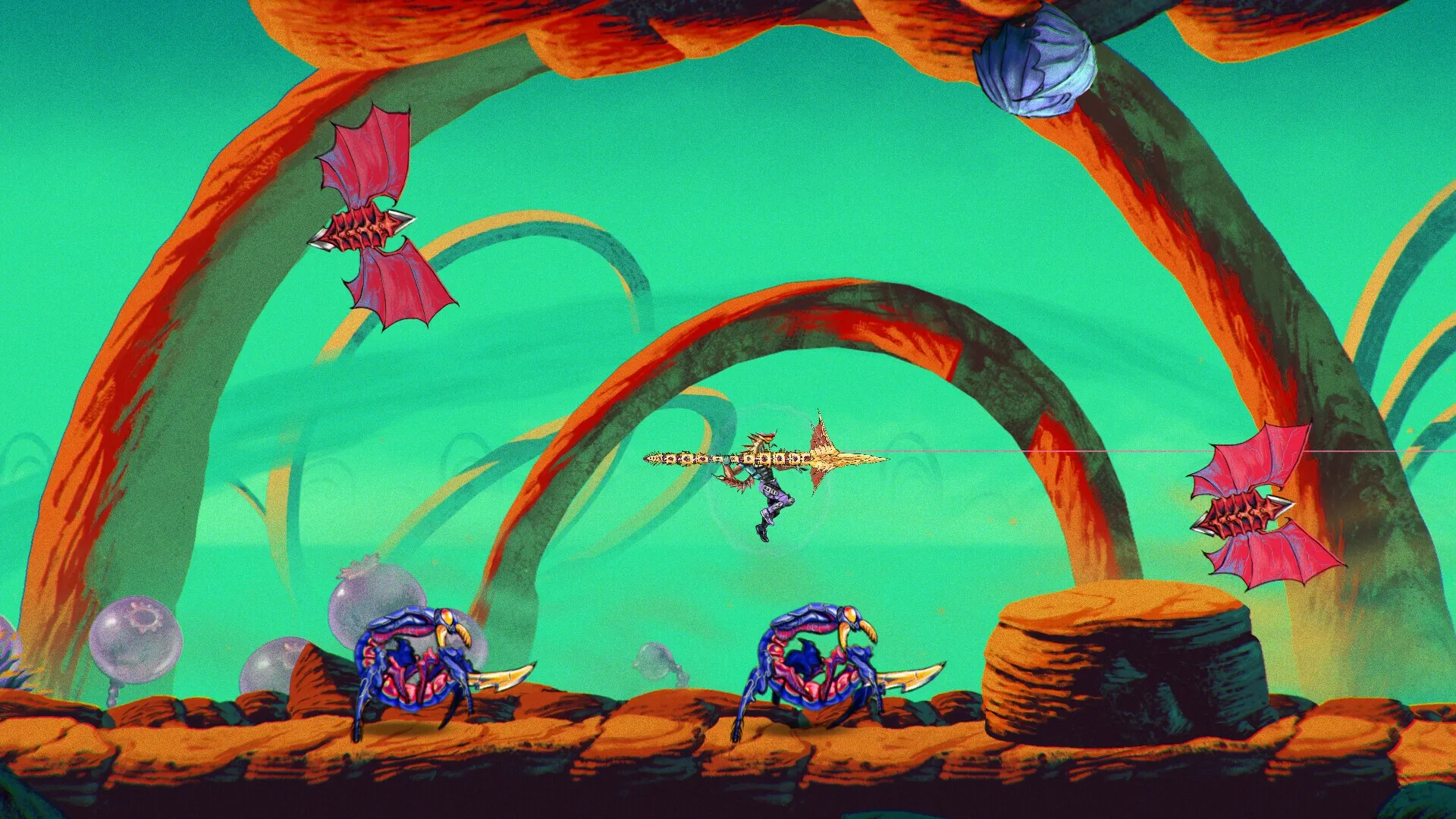 ChainStaff: Player uses spear to swing through an alien landscape with flying and ground enemies nearby