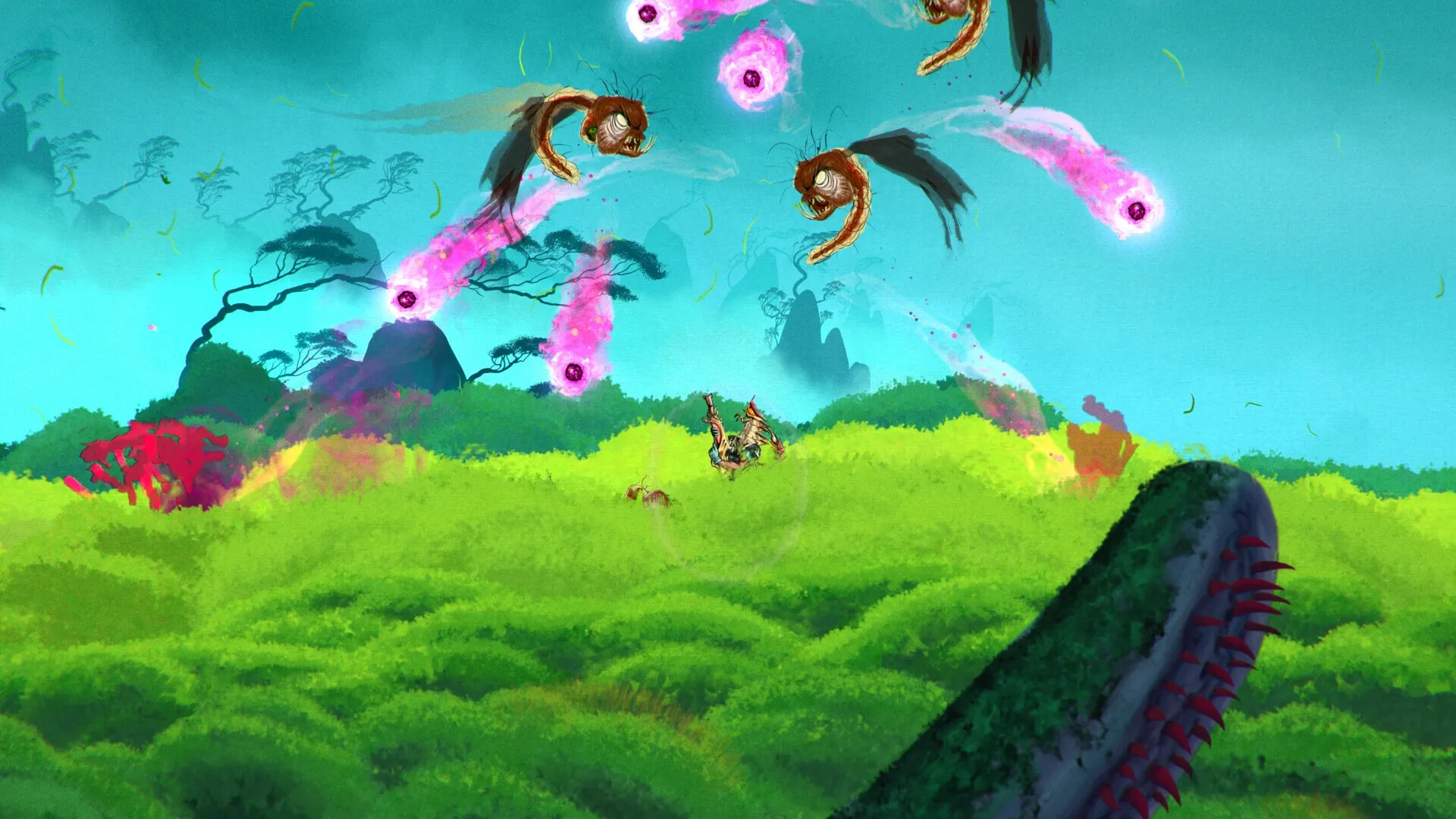 ChainStaff: Player character battling flying alien creatures in a lush, vibrant green landscape