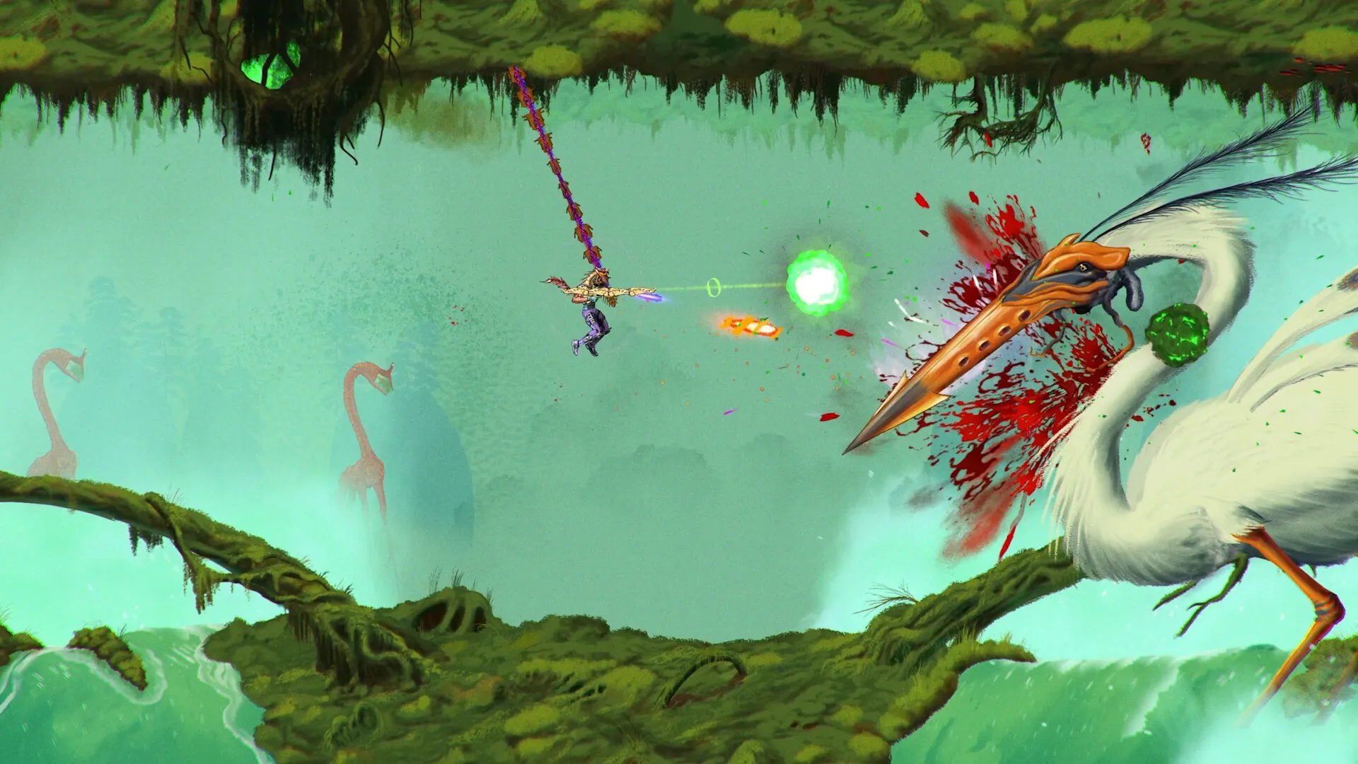 ChainStaff: Player swings on grappling hook, battling a giant bird with spear in misty forest setting.