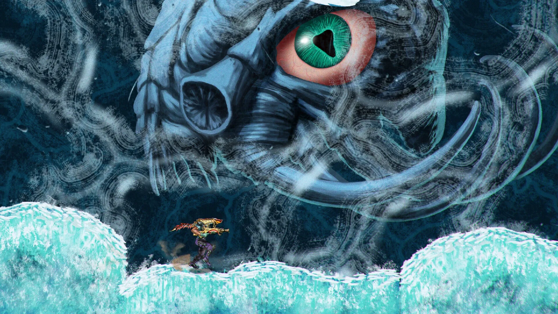 ChainStaff: Player faces giant alien eye amidst swirling mist on icy platform in intense standoff.
