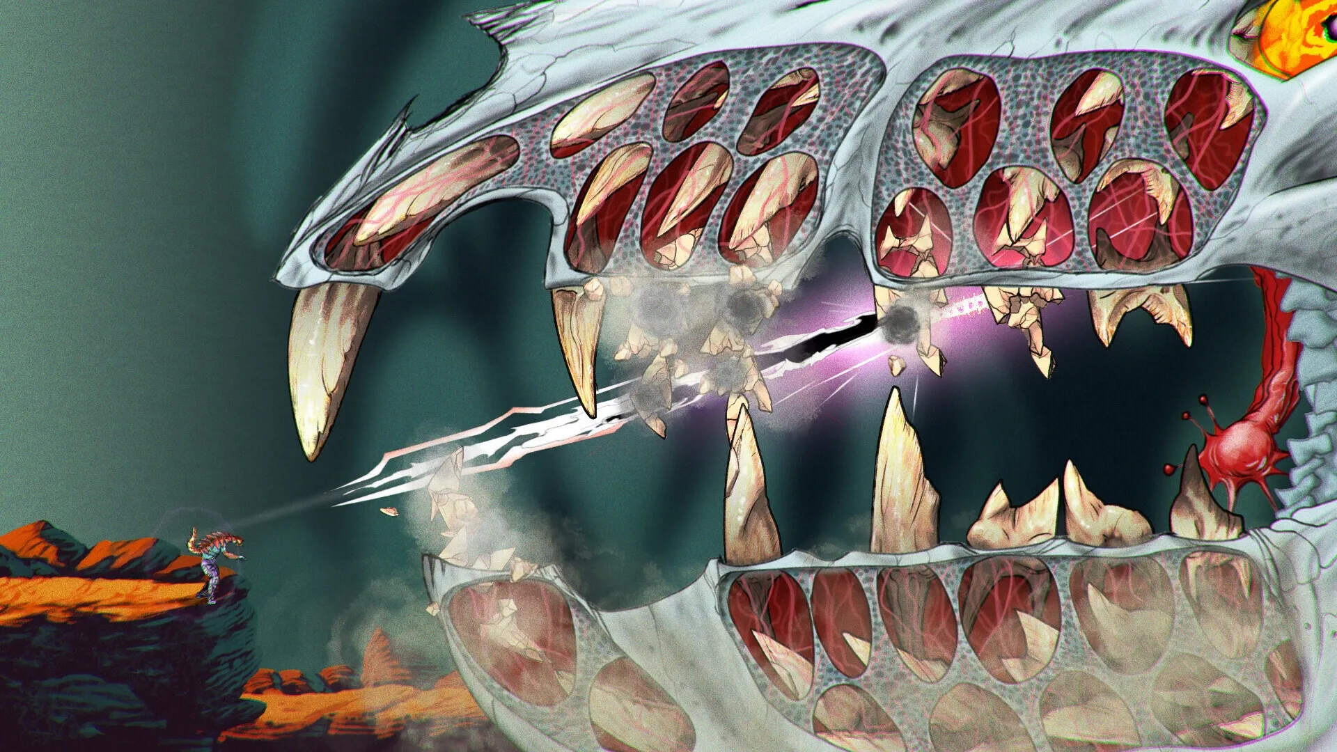 ChainStaff: Player battles giant alien creature with spear in rocky canyon environment