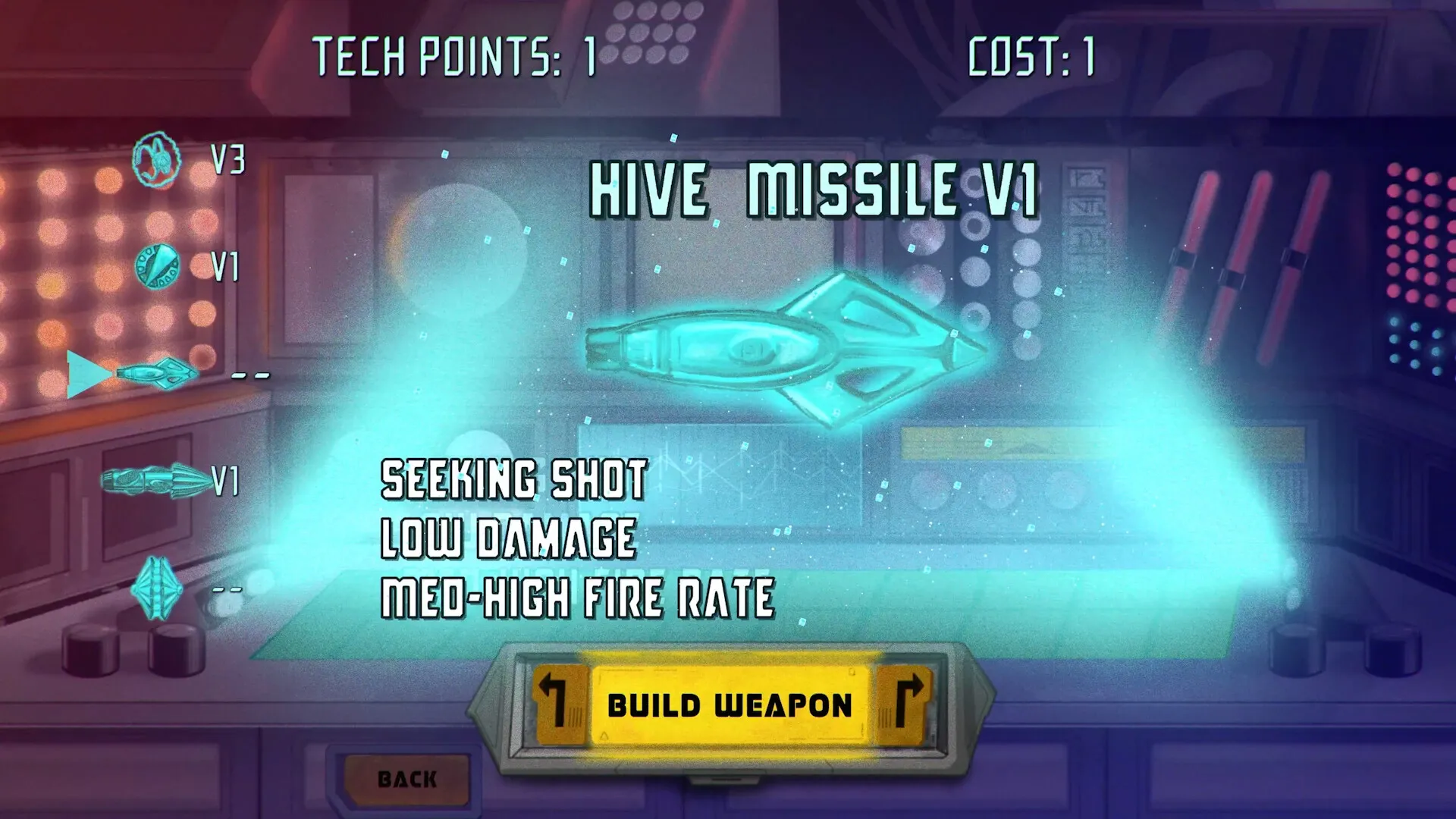 ChainStaff: Weapon upgrade menu with Hive Missile V1, tech points, and build weapon button in lab setting