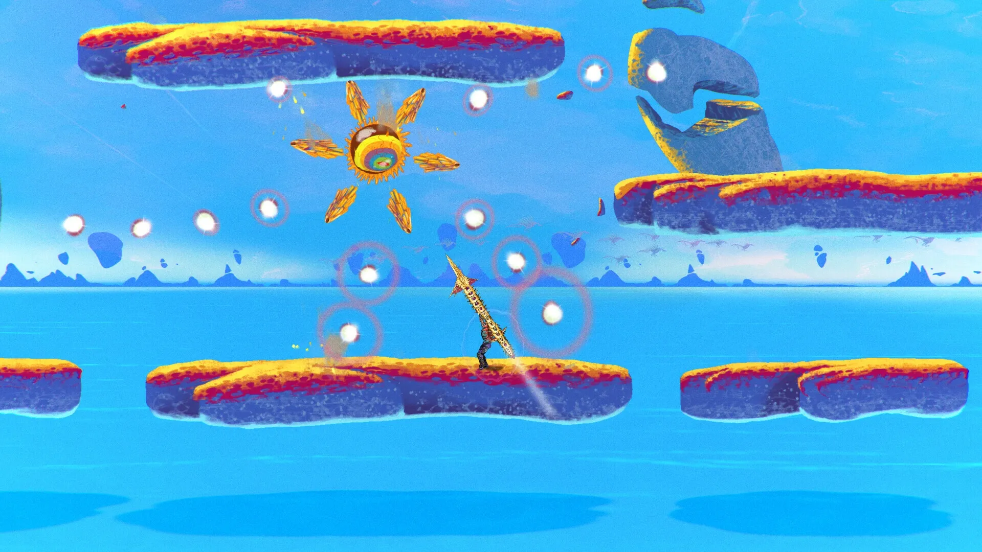 ChainStaff: Player battles sun-like boss with spear on floating islands in vibrant blue sky setting