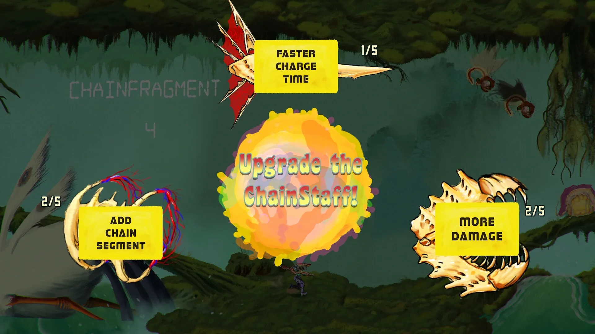 ChainStaff: Upgrade menu with options for faster charge, more damage, and adding chain segments