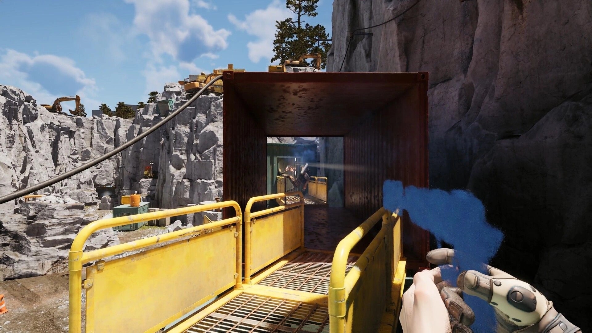 Chalk Warfare: First-person firefight on a yellow catwalk into a rusted tunnel in a rocky quarry.