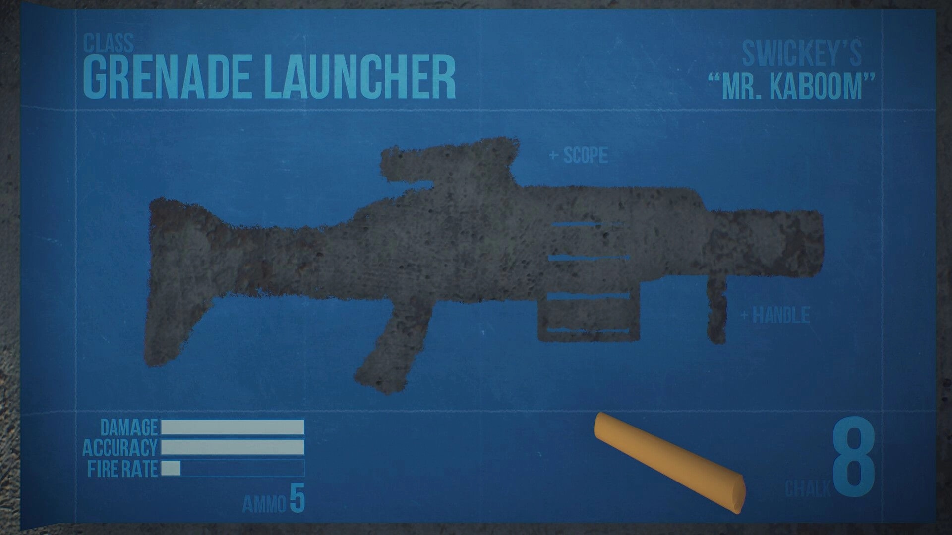 Chalk Warfare: Grenade Launcher class blueprint screen with weapon silhouette, stats bars, ammo and chalk count.