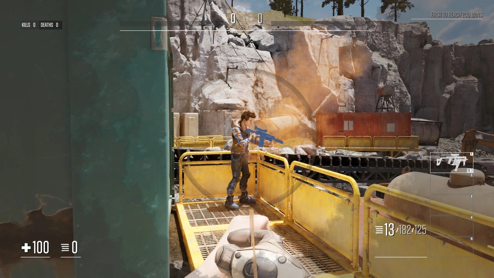 Chalk Warfare: First-person firefight on a yellow catwalk in a rocky quarry, ammo and score HUD visible.