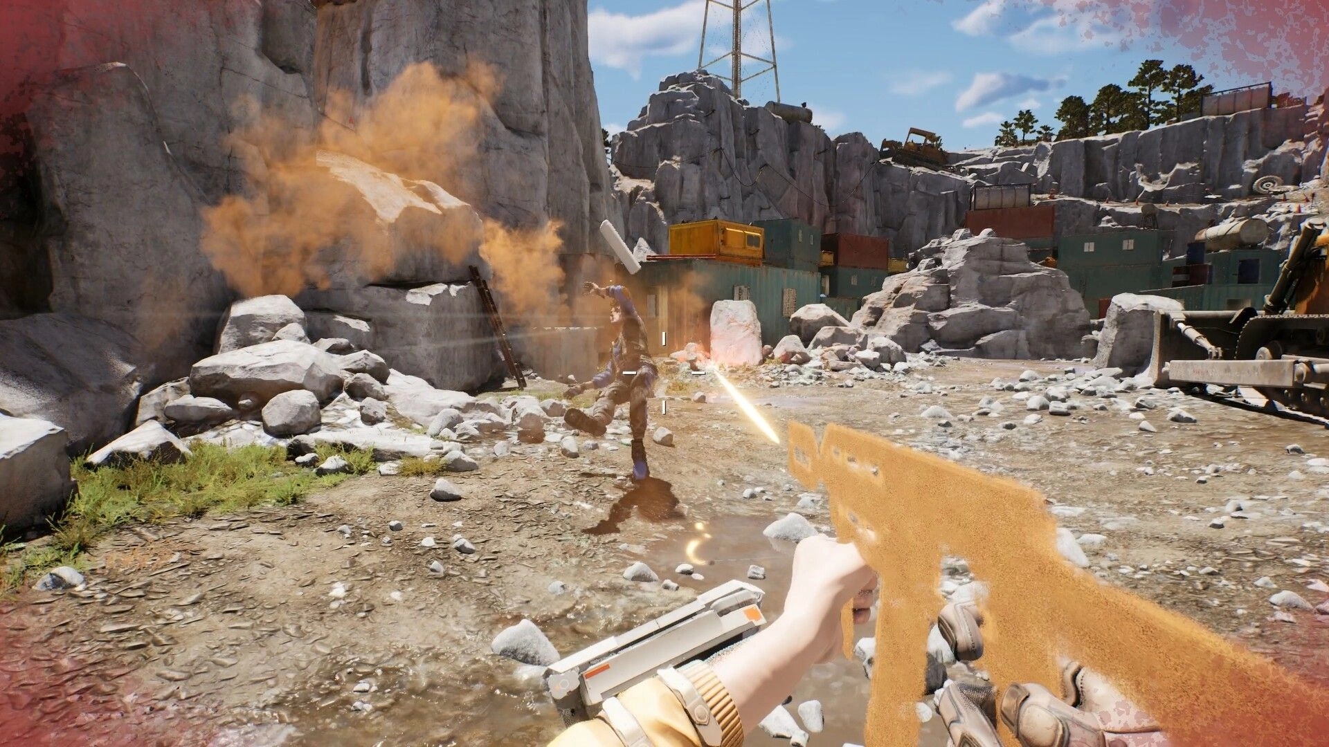 Chalk Warfare: First-person firefight with chalk rifle, shooting enemy in rocky quarry with containers.