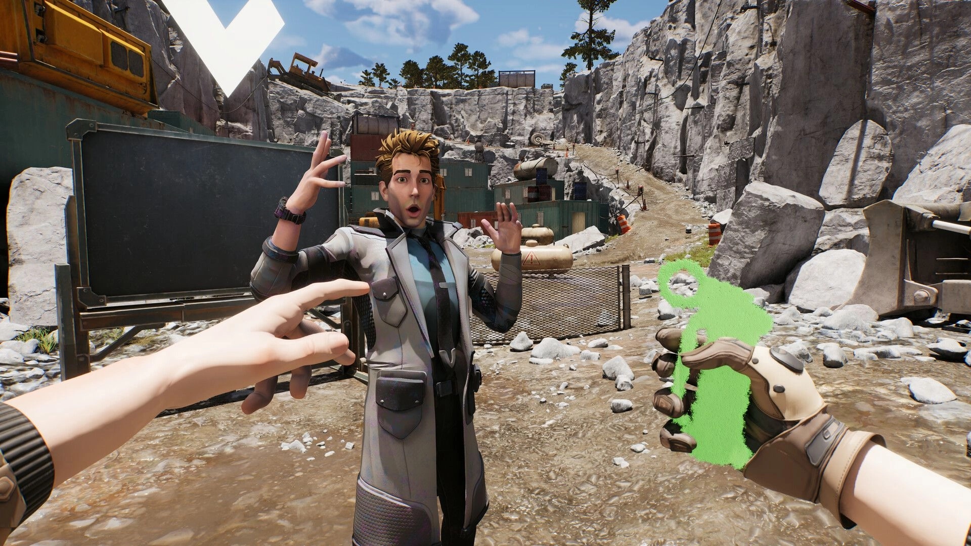 Chalk Warfare: First-person player aiming at startled scientist in a rocky quarry construction yard.