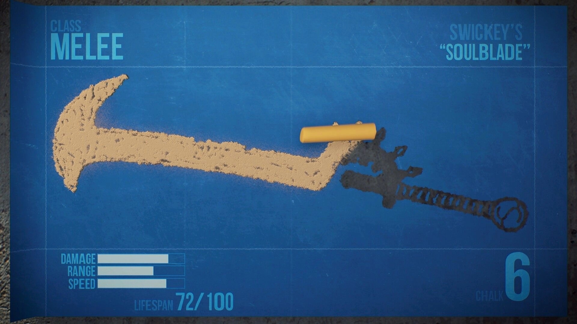 Chalk Warfare: Melee weapon blueprint menu showing Swickey's Soulblade with damage, range, speed bars.