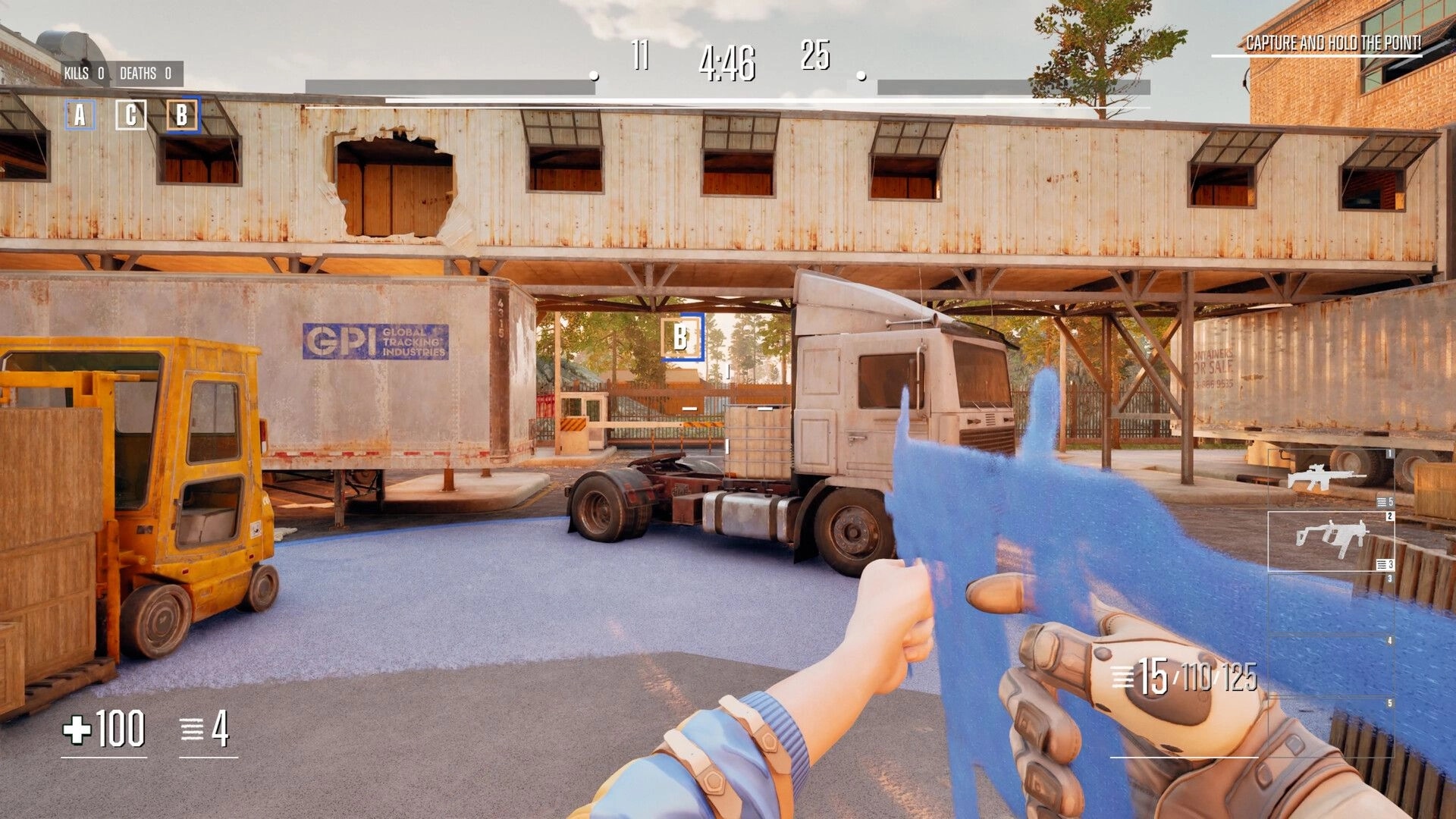 Chalk Warfare: First-person aiming a blue chalk SMG in a truck yard, capture point B HUD visible.