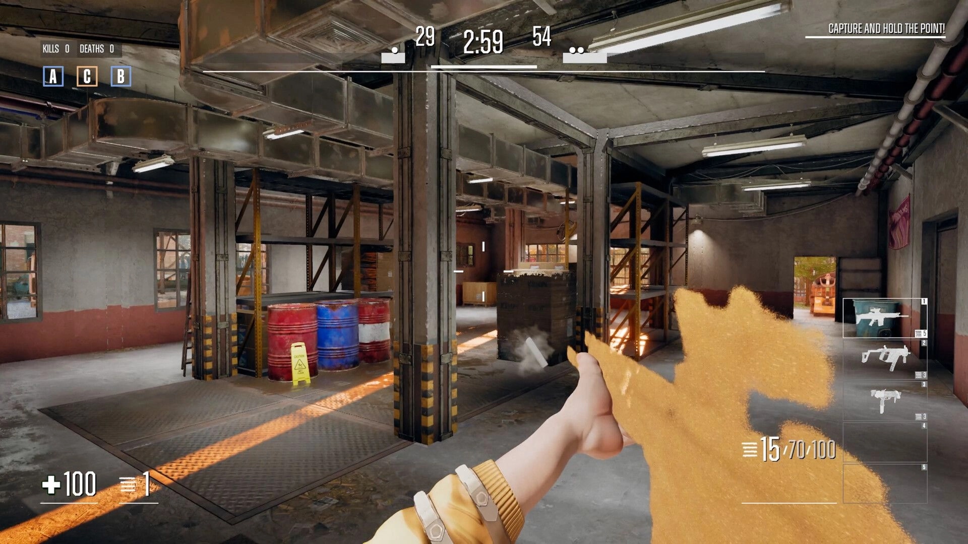 Chalk Warfare: First-person capture point firefight in warehouse, timer and weapon wheel HUD visible.
