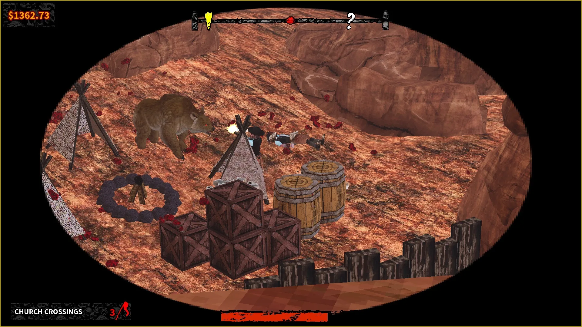 Chambers: Player battling a bear near tents and crates in a rocky canyon with UI elements visible.