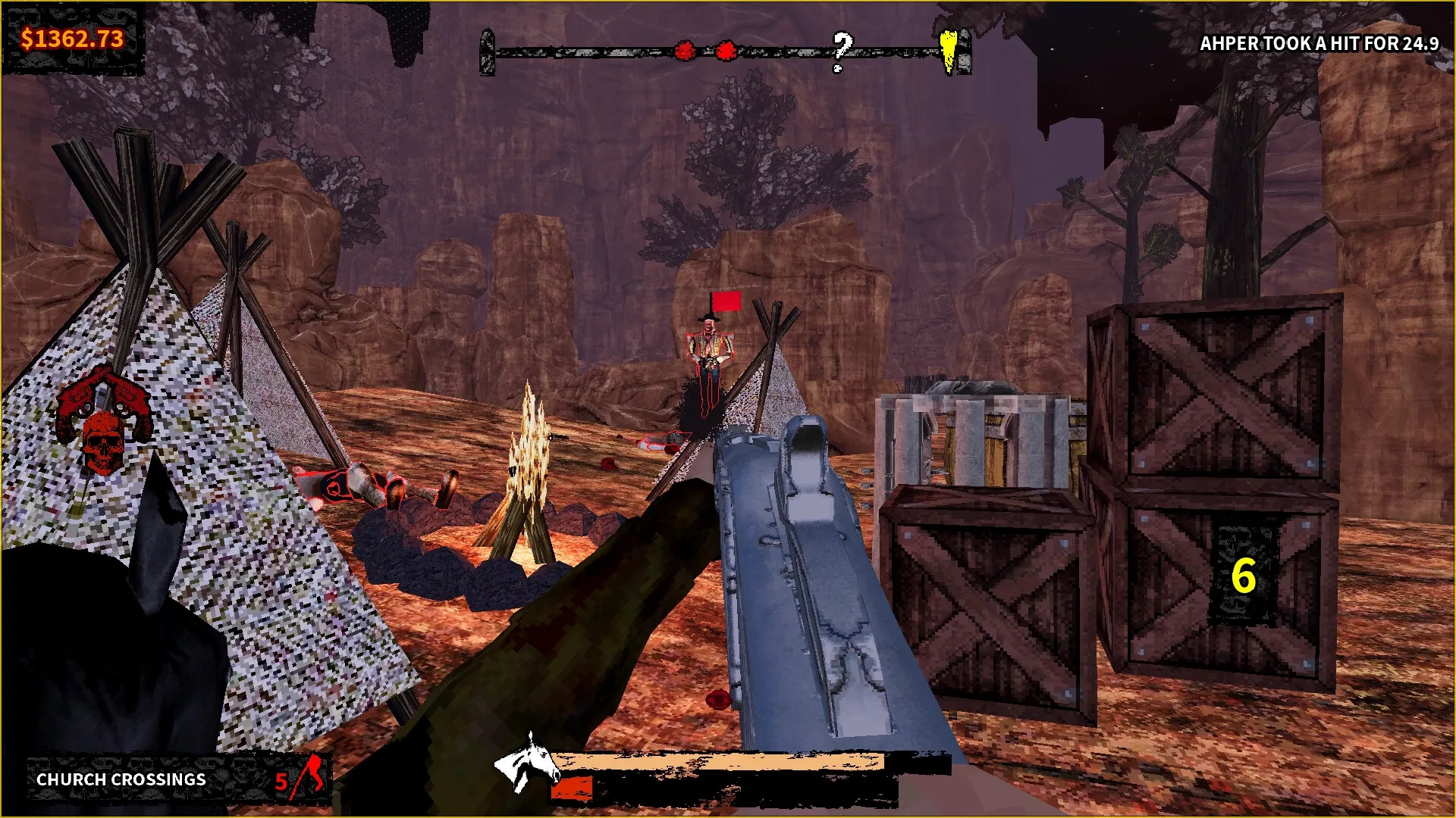 Chambers: First-person aiming at enemy near campfire in desert canyon with crates and tents nearby