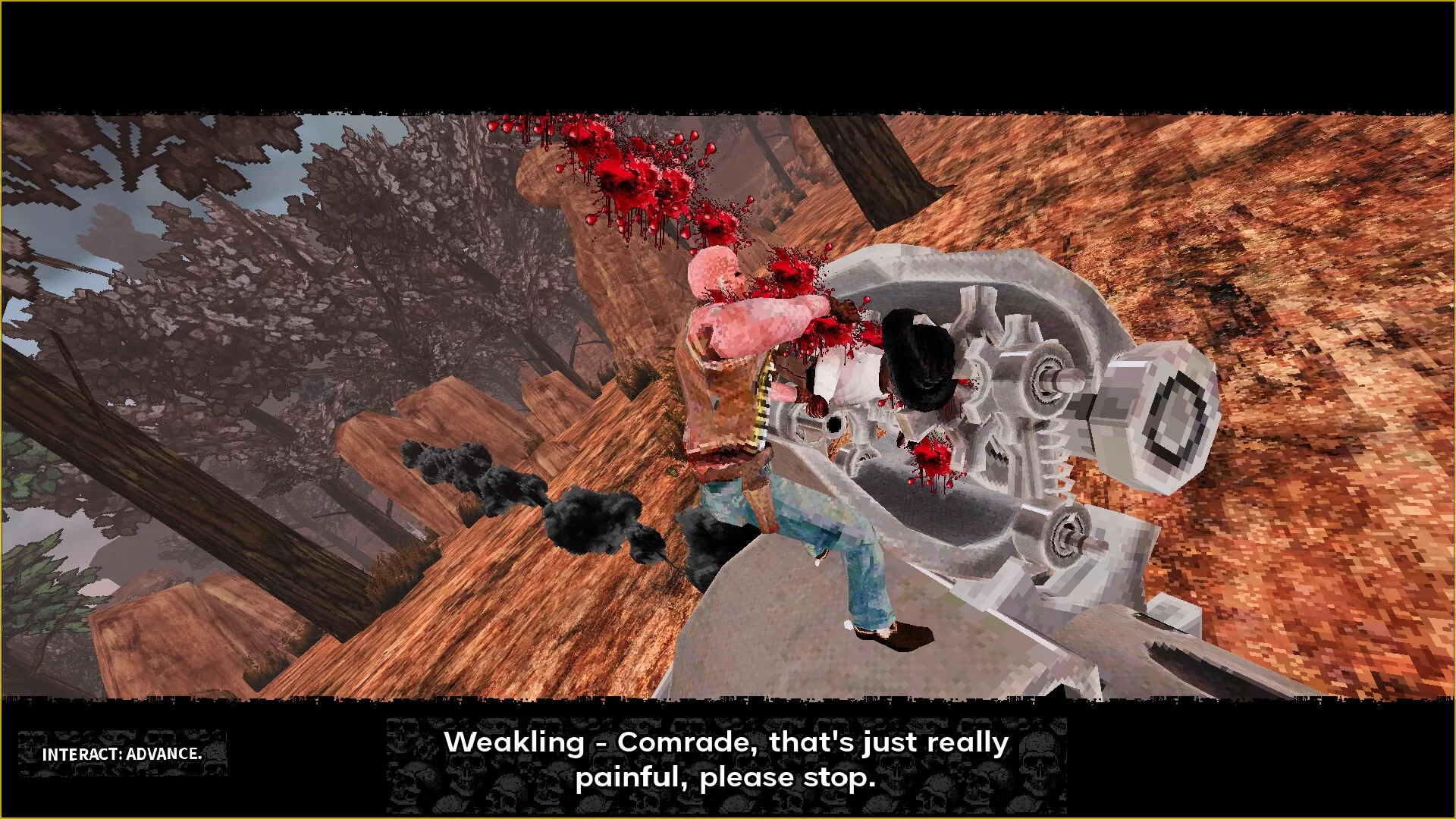 Chambers: Character firing a large weapon with blood splatter in a forested canyon setting