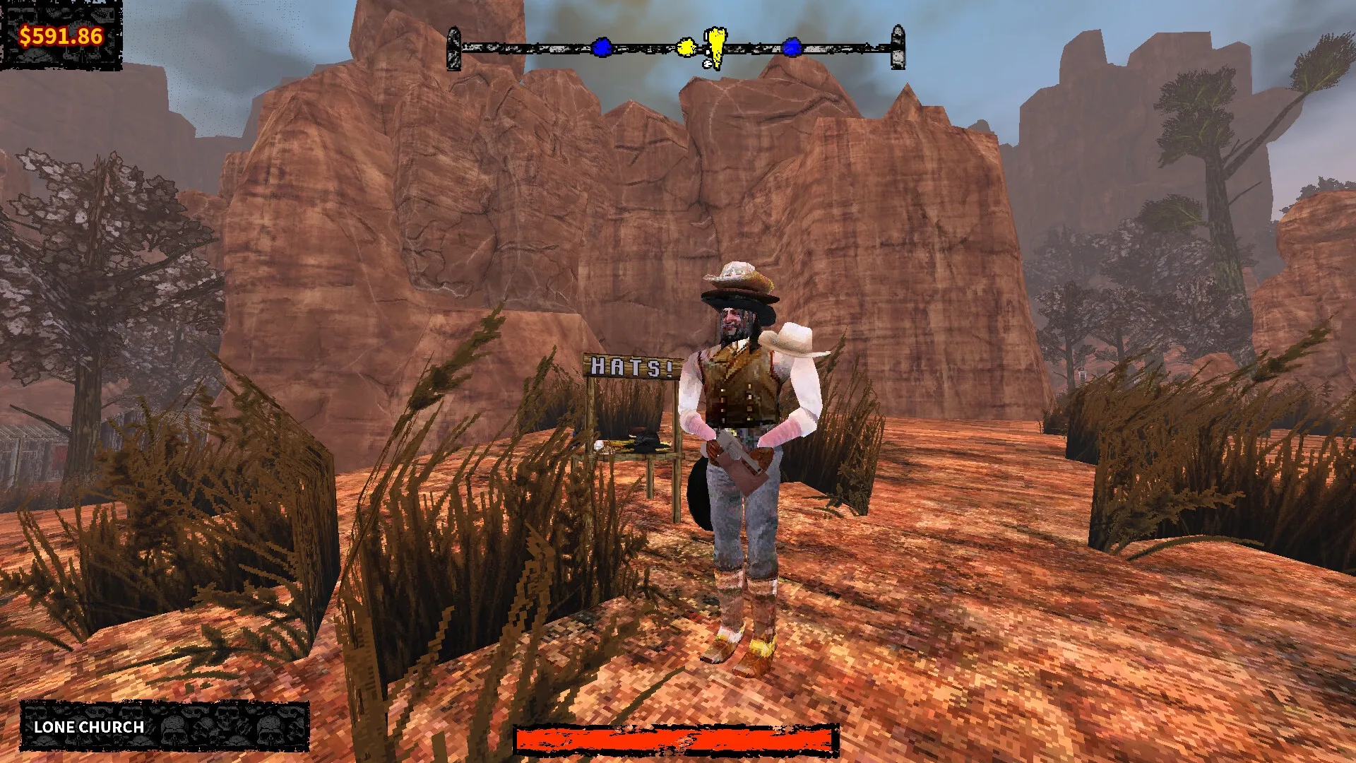 Chambers: Character at hat stand in desert canyon with UI showing money and health status
