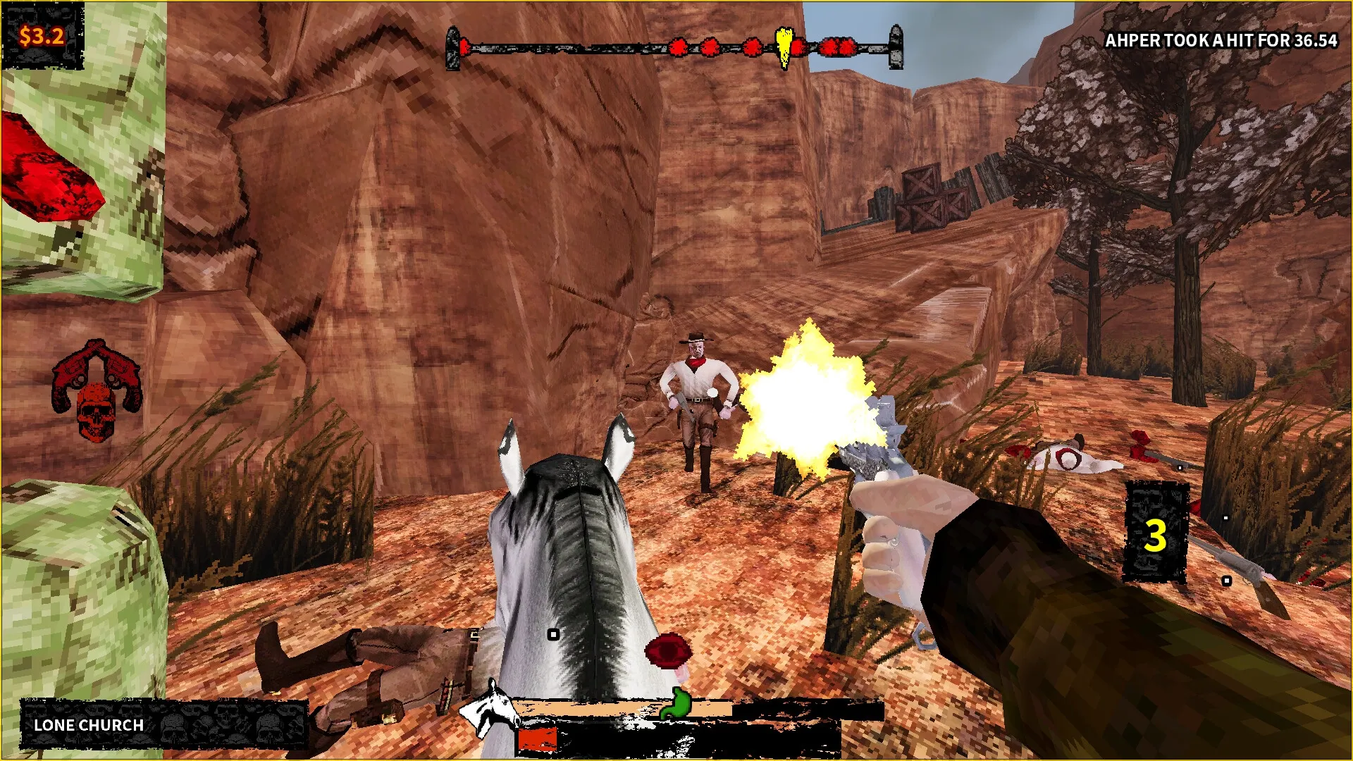 Chambers: First-person shootout on horseback in a rocky canyon with health and ammo UI displayed