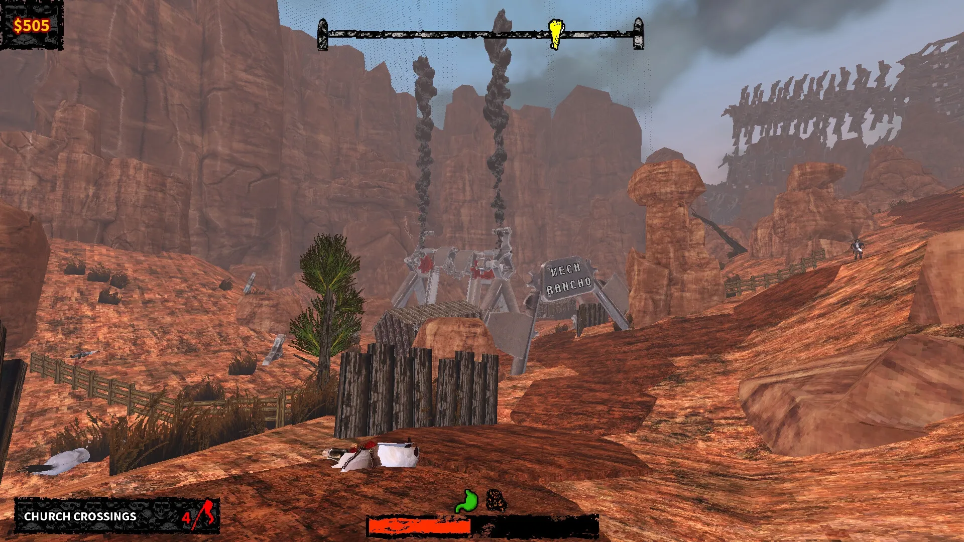 Chambers: Exploring rocky desert with "Mech Rancho" sign and distant mechanical structures visible