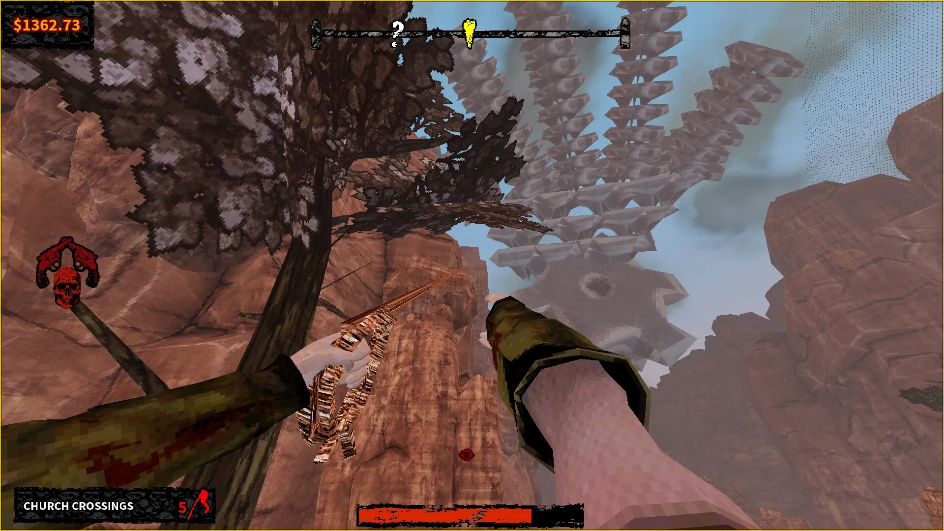 Chambers: Player aiming at spiraling rock structure in canyon with UI showing location and health status