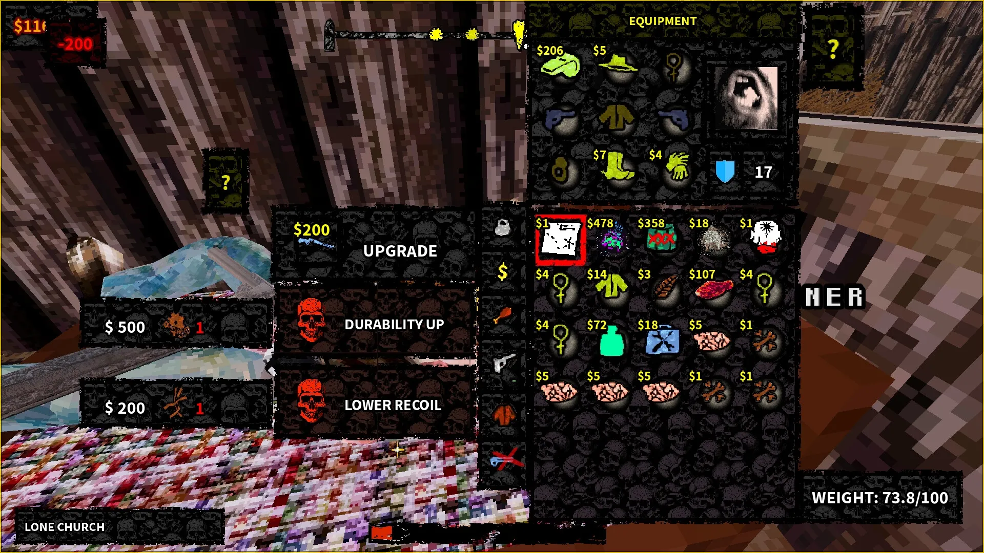 Chambers: Inventory and upgrade menu displayed inside a wooden cabin with various items and costs shown.