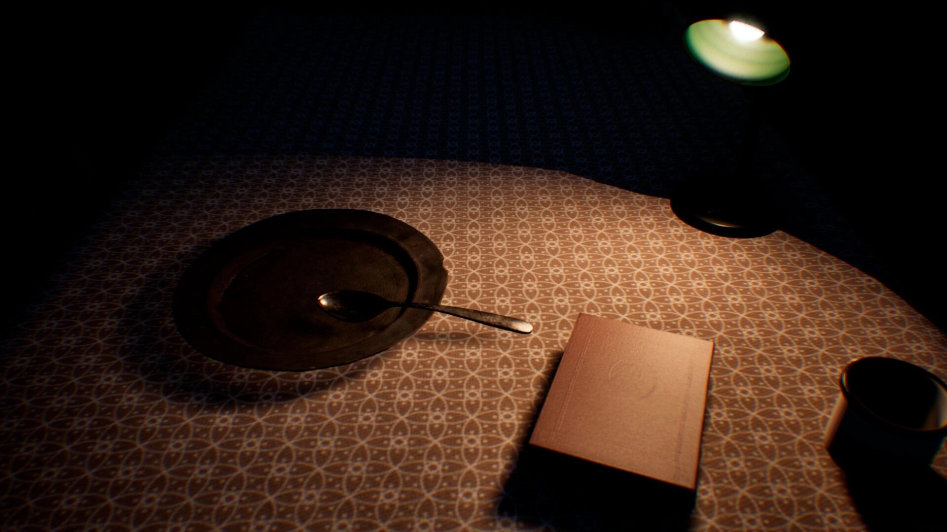 Change: Dim tabletop with empty bowl, spoon, and notebook under desk lamp in dark room.