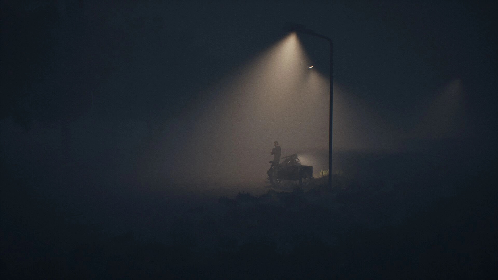 Change: Lone figure by a motorcycle under a streetlamp, surrounded by thick nighttime fog on road.