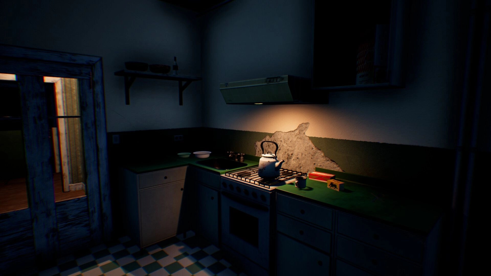 Change: Dim kitchen view with kettle on stove, sink and cabinets lit by a range hood at night.