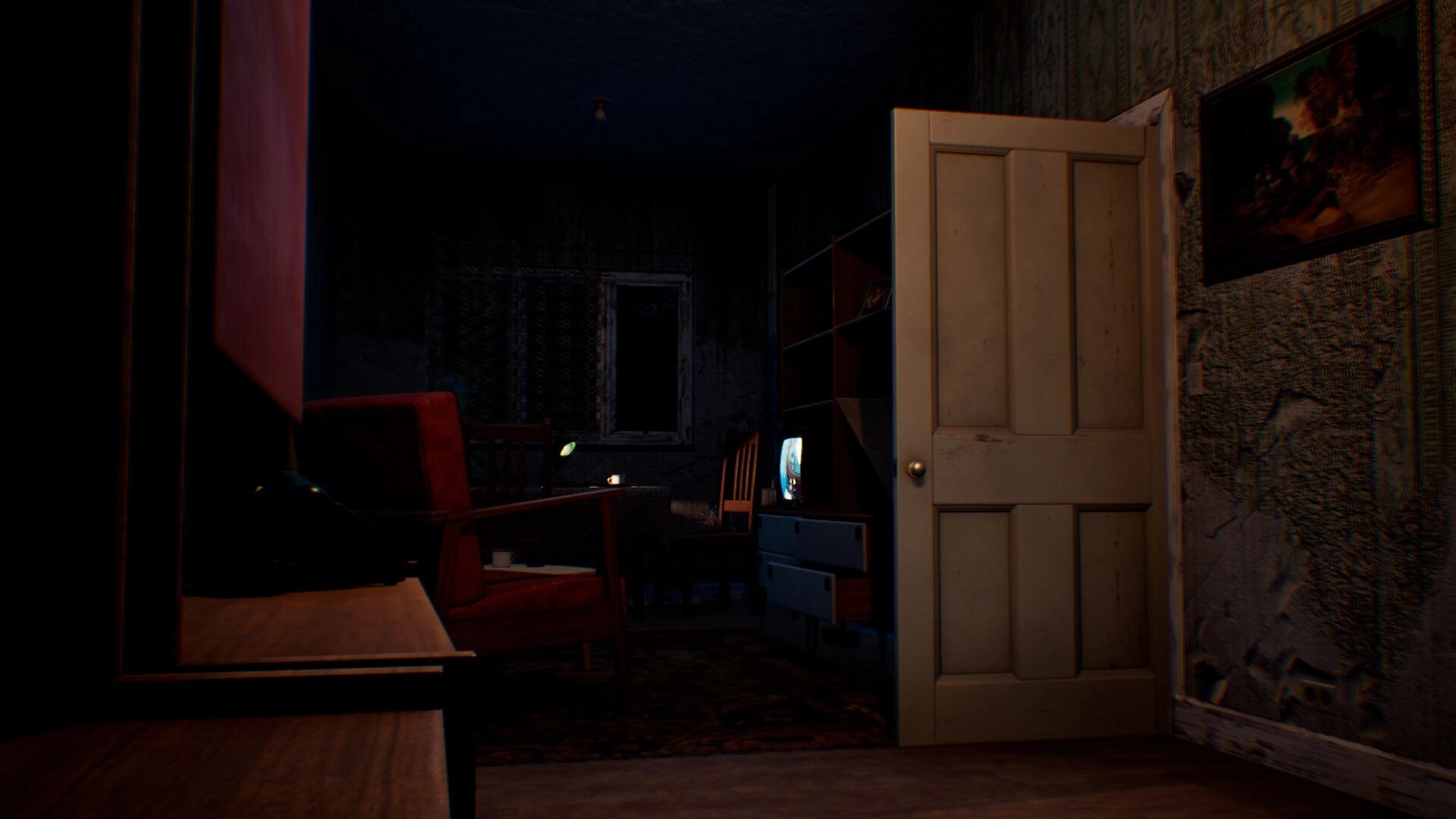 Change: First-person view of a dim room with open door, chair, desk lamp, and small TV on drawers.